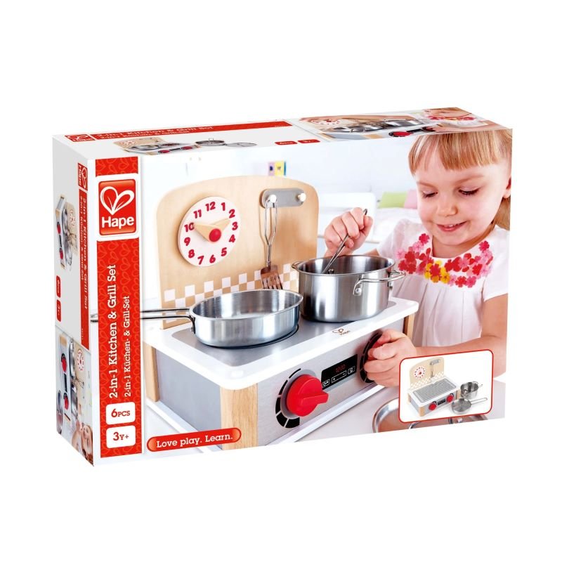 Best toy shop in Qatar – box image of Hape 2 In 1 Kitchen & Grill Set showing play kitchen and accessories, available to buy kids toys online in Qatar from the best online toy shop with toy delivery service in Qatar.