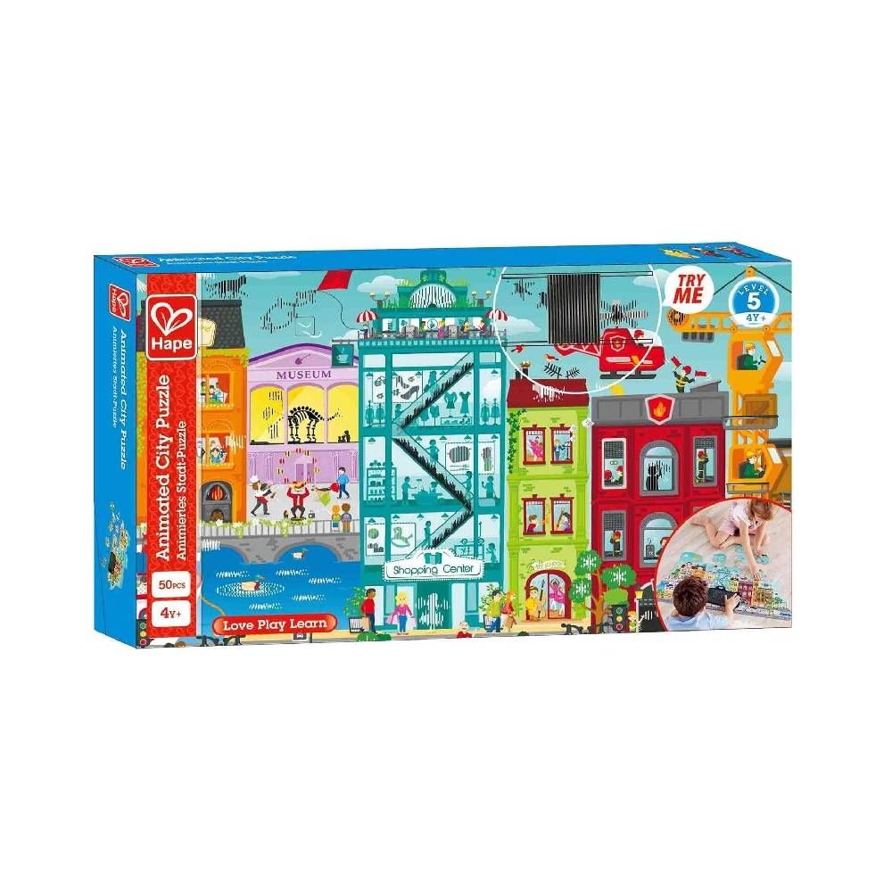 Best toy shop in Qatar – Hape Animated City Puzzle laid out on play table, perfect for kids to learn problem-solving and buy kids toys online in Qatar from the best online toy shop with toy delivery service in Qatar.