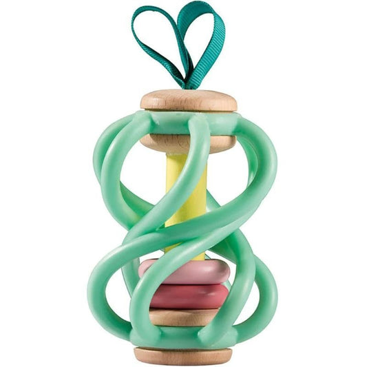 Best toy shop in Qatar – baby playing with Hape Apple Grab Toy attached to stroller, available to buy kids toys online in Qatar from the best online toy shop with toy delivery service in Qatar.