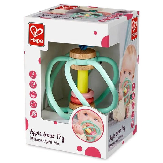 Best toy shop in Qatar – box image of Hape Apple Grab Toy showing eco-friendly and baby-safe materials, available to buy kids toys online in Qatar from the best online toy shop with toy delivery service in Qatar.