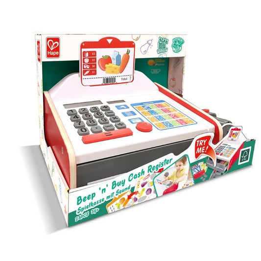 box image of Hape Beep And Buy Cash Register showing toy features and age recommendation, available to buy kids toys online in Qatar from the best online toy shop with toy delivery service in Qatar