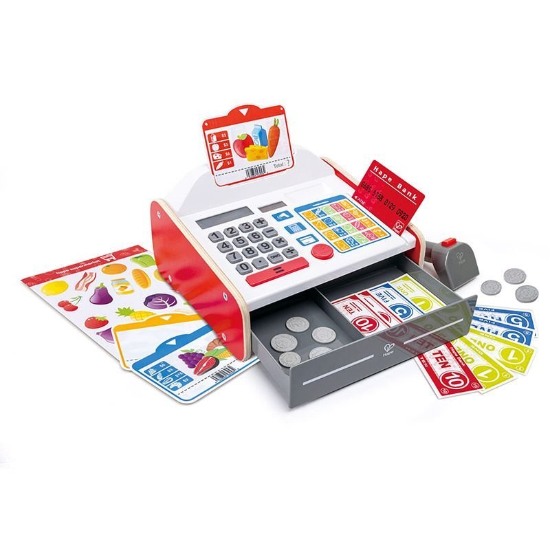 Hape Beep And Buy Cash Register educational toy with calculator, scanner, and coins, available to buy kids toys online in Qatar from the best online toy shop with toy delivery service in Qatar
