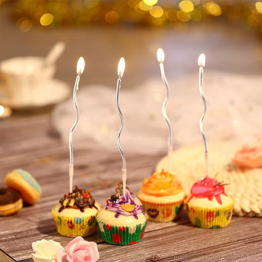 Metallic Curly Spiral Birthday Candles, Silver.6pcs