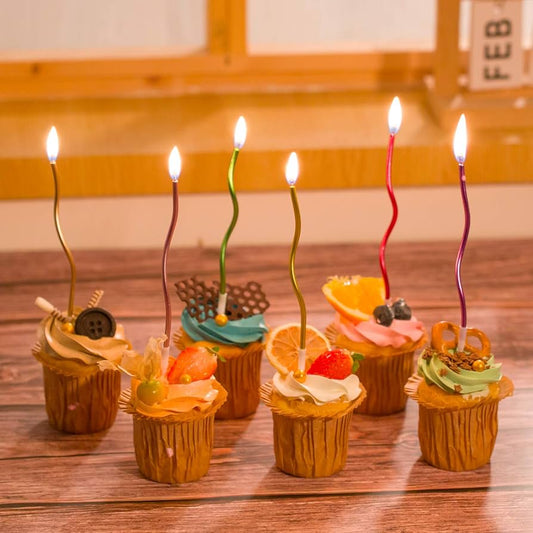 6pcs Dotted Metallic Curly Spiral Birthday Candles, Gold (black dotted)