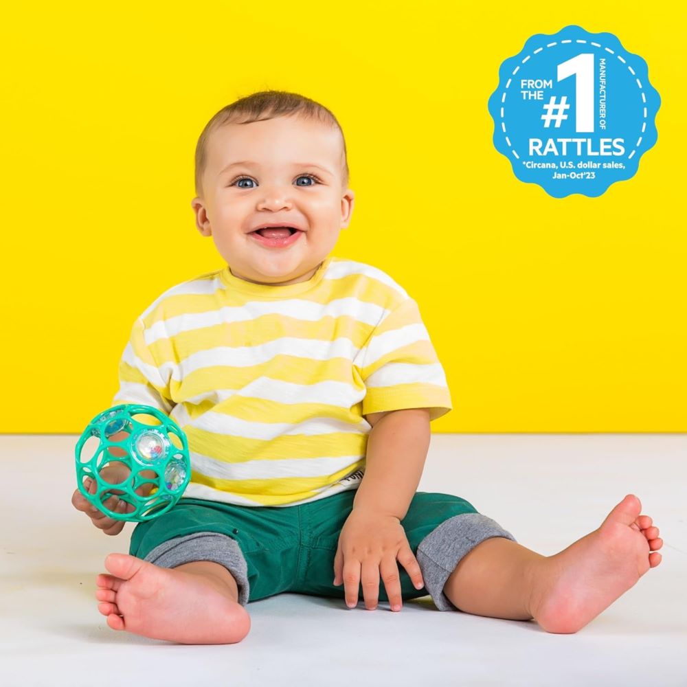 Kids playing with Bright Starts Oball Easy-Grasp Rattle Teal – lightweight baby rattle toy with large holes for easy grip – best toy shop in Qatar, toy delivery service in Qatar