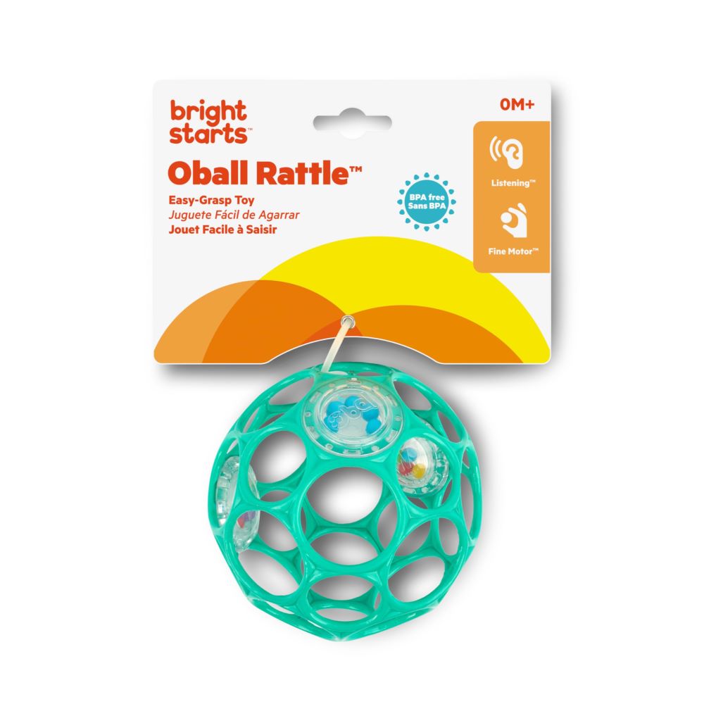 Bright Starts Oball Easy-Grasp Rattle Teal in packaging – safe BPA-free baby toy for newborns and toddlers – buy kids toys online in Qatar, best online toy shop in Qatar