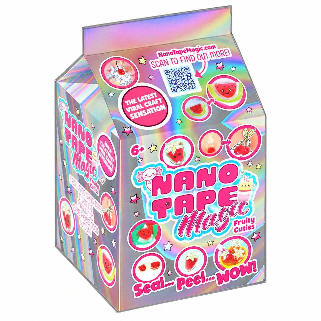 Nano Tape Magic Fruity Cuties toy packaging box, featuring a holographic silver background with pink, red, and green sticker illustrations and playful text.