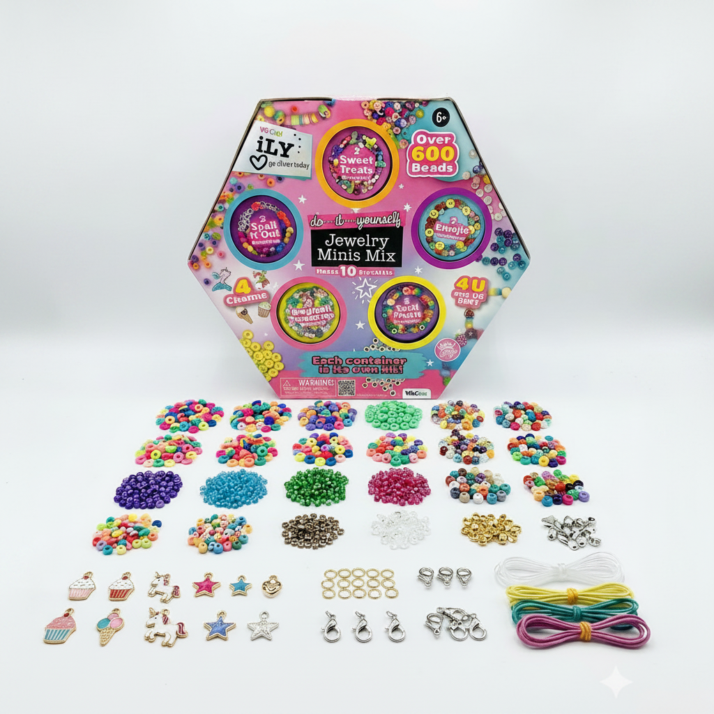 Jewelry making kit with colorful beads and charms on a white background