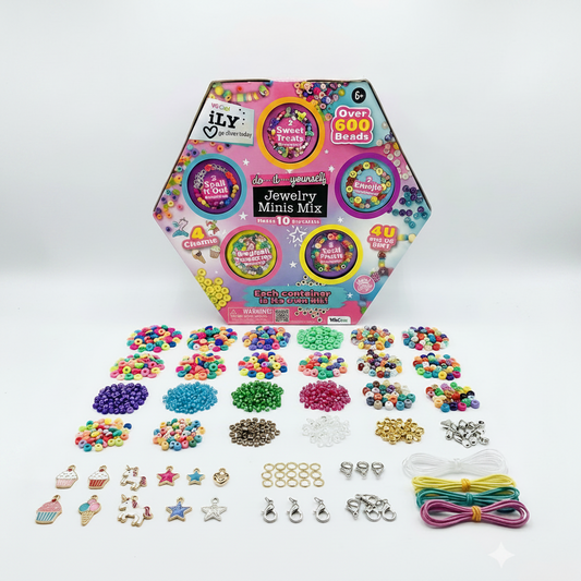 Jewelry making kit with colorful beads and charms on a white background
