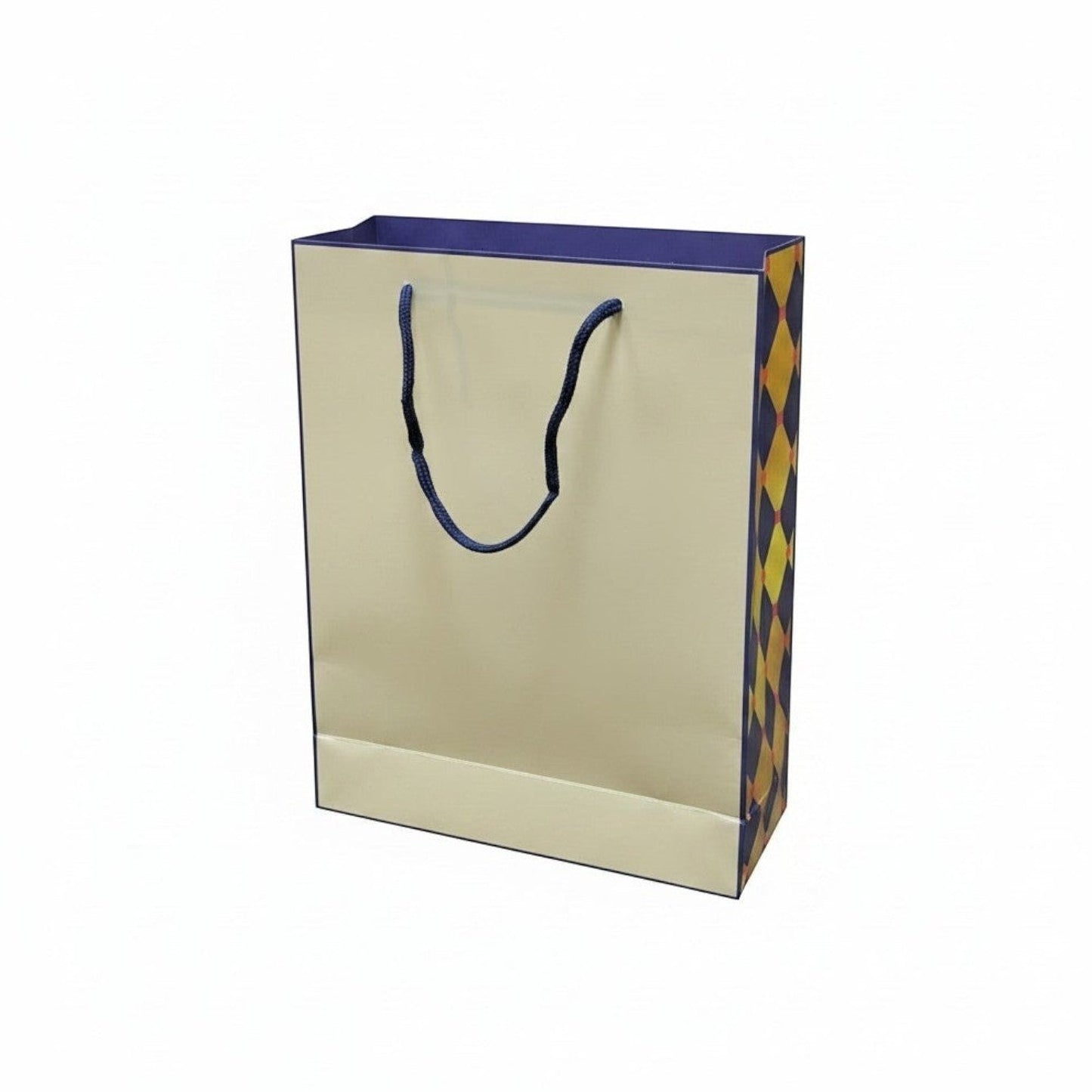 Beige paper gift bag with blue handle and patterned bottom on a white background