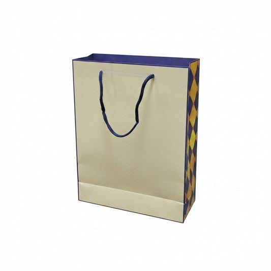 Beige paper gift bag with blue handle and patterned bottom on a white background