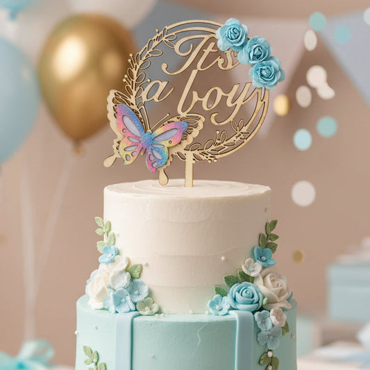 Wooden Cake Topper with Butterfly & Blue Flowers (It’s a Boy )