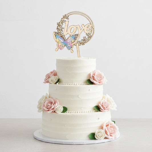 Wooden Cake Topper with Pastel Butterfly (“Love” )