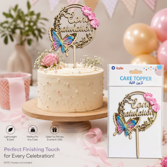 Wooden Cake Topper  with Butterfly & Flowers (Congratulation)