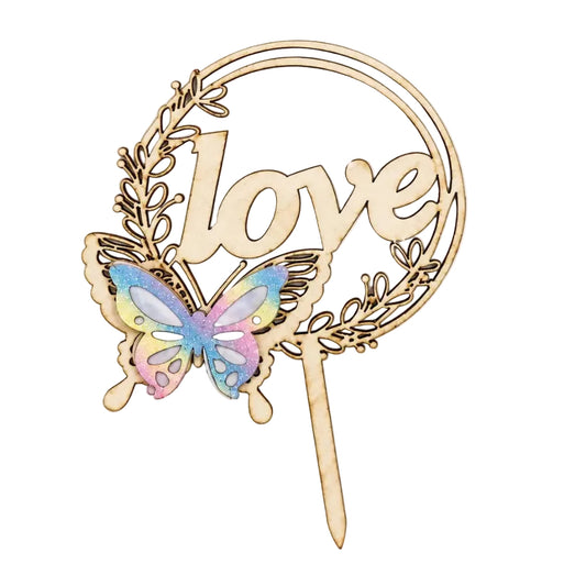 Wooden Cake Topper with Pastel Butterfly (“Love” )