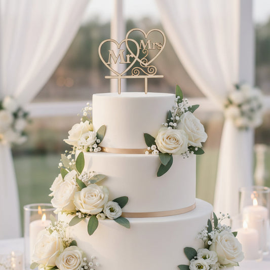 Wooden Wedding Cake Topper – Double Heart Design (Mr & Mrs )