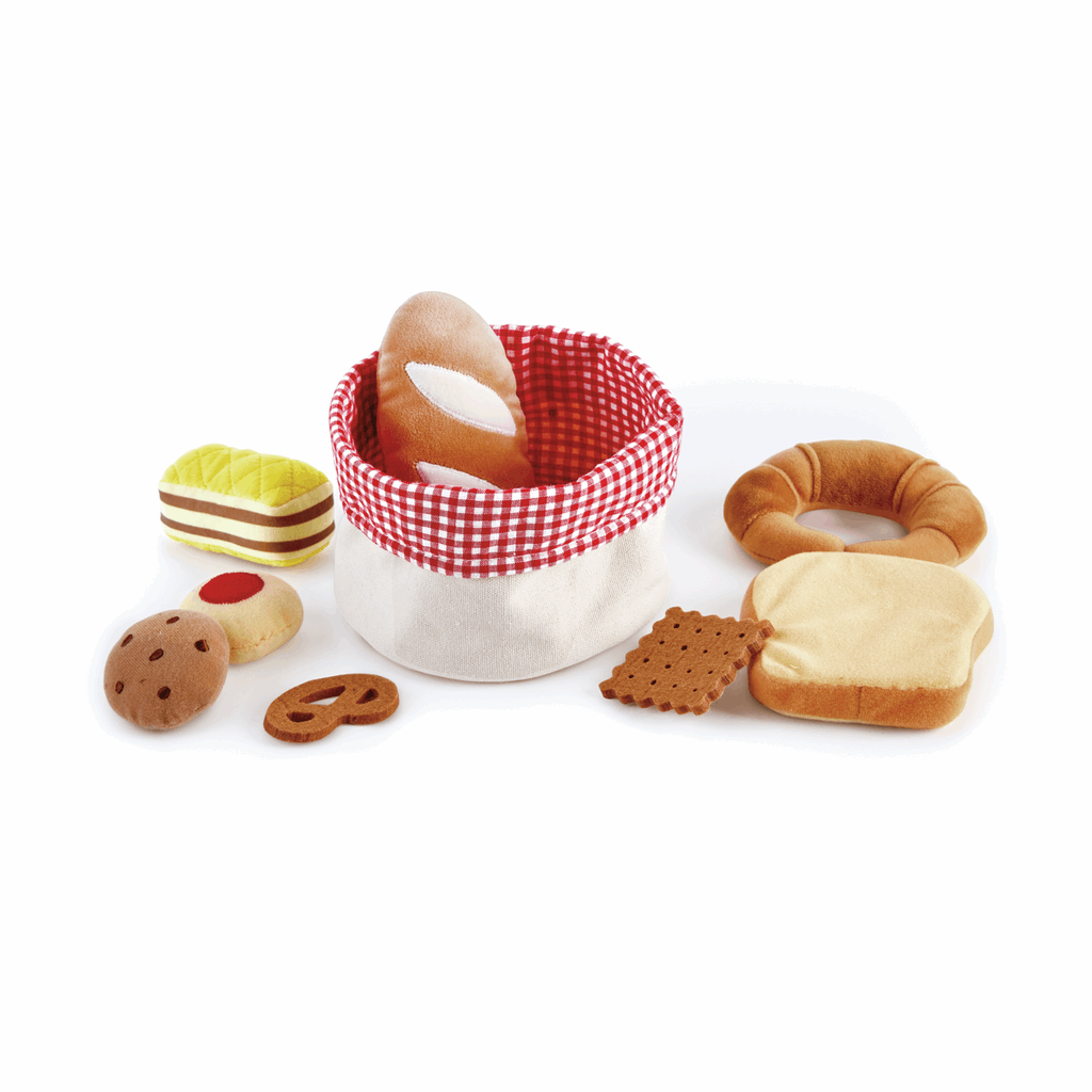 Hape Toddler Bread Basket playset with felt pastries including toast, croissant, and cookies, displayed in a woven basket – ideal for kids' pretend play.          Ask ChatGPT