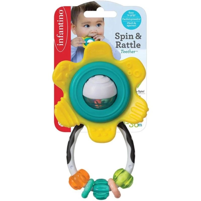 Infantino teether for babies with spin and rattle features in bright colors for sensory play