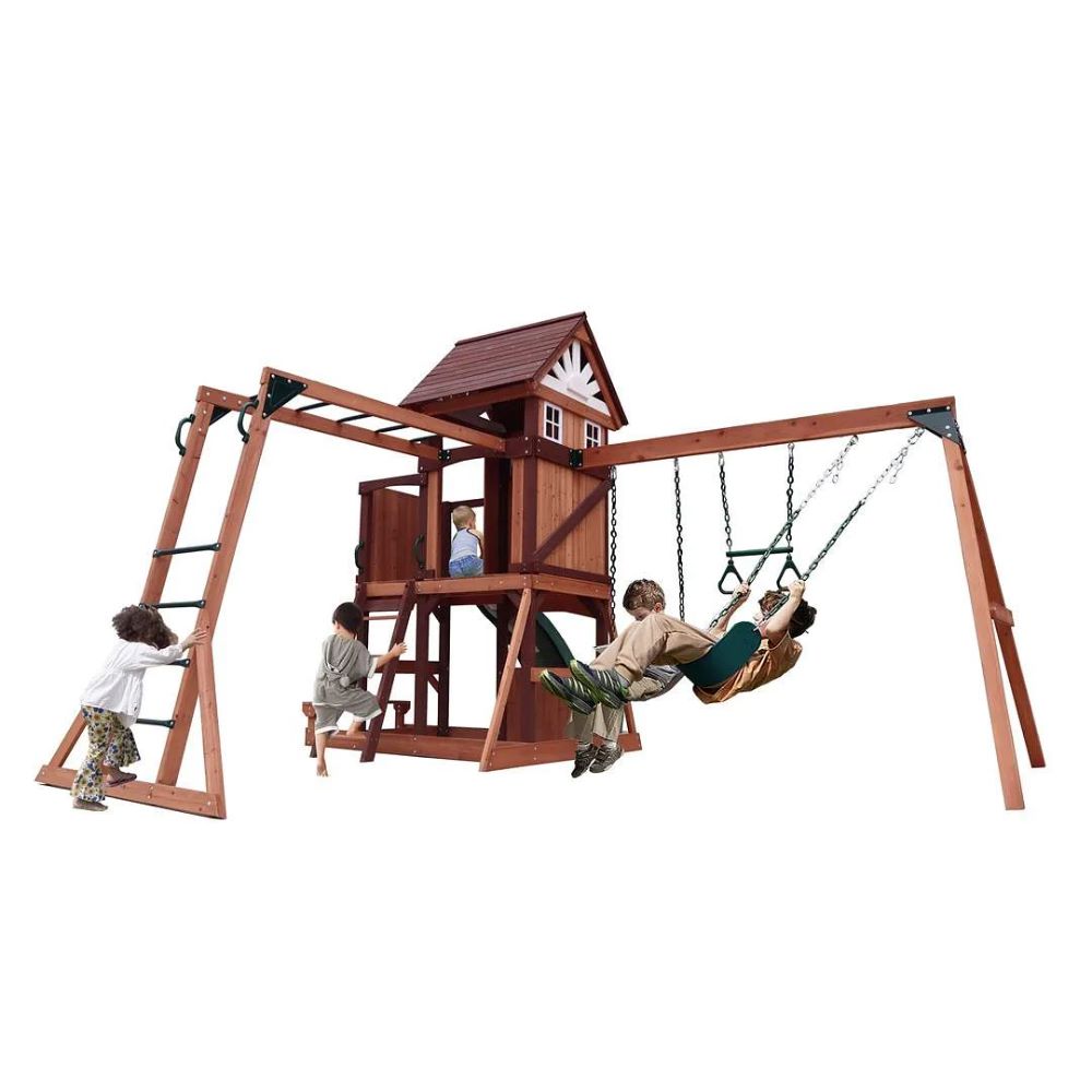 kids outdoor playhouse Qatar-Wooden playset with a swing and ladder on a white background