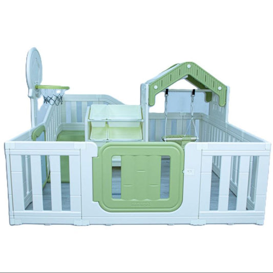 Children's playpen with green and white colors on a white background - kids outdoor playhouse Qatar