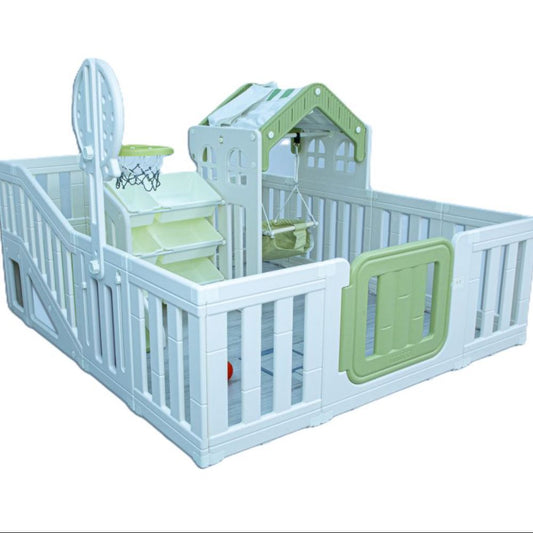 Children's playpen with various play elements on a white background - kids outdoor playhouse Qatar