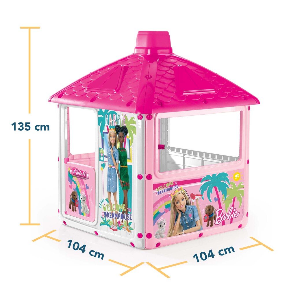 Pink toy gazebo with Barbie branding and dimensions on a white kids outdoor playhouse Qatarbackground