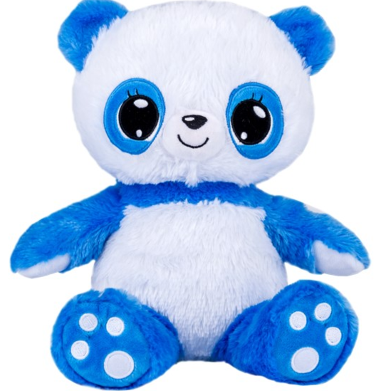Adorable blue and white plush panda toy with large expressive eyes and soft fur for cuddling