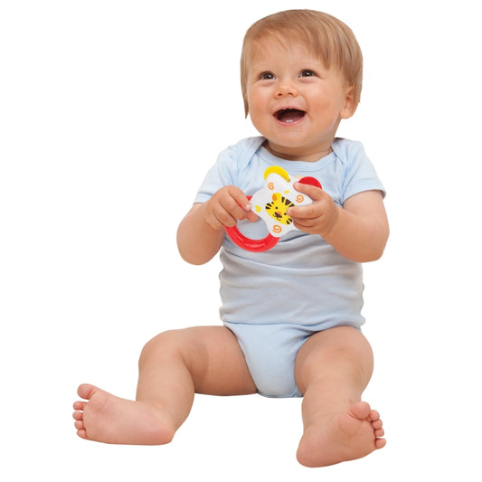 Happy baby playing with Winfun Rattle Music Set designed for early sound exploration and sensory play
